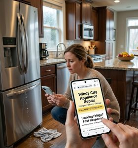 Homeowner using a mobile website for appliance repair in a kitchen