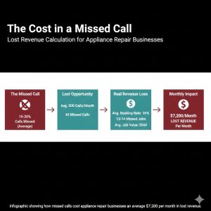 Infographic showing how missed calls cost appliance repair businesses an average of $7,200 per month in lost revenue