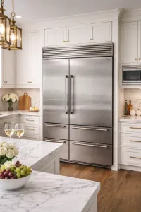 Luxury kitchen featuring a built-in stainless steel refrigerator and freezer unit
