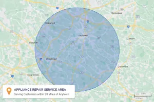 Map showing a realistic service area radius for a local appliance repair business