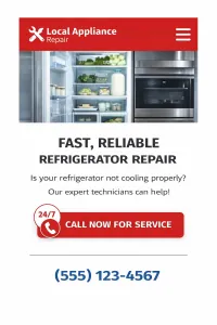 Mobile-friendly appliance repair website displaying a clear call to action for refrigerator repair.