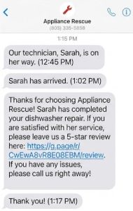 Mobile phone displaying an SMS text message review request
