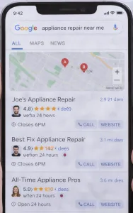 Mobile phone screen displaying Google Maps local search results for appliance repair