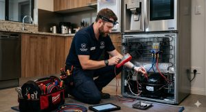 Professional appliance repair technician inspecting a modern refrigerator compressor with diagnostic tools.