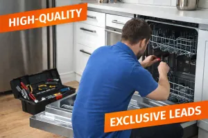 Professional technician fixing a dishwasher in a home representing high-quality exclusive leads.