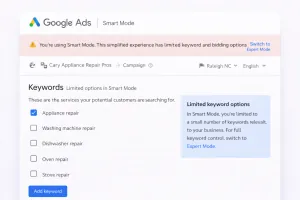Screenshot of Google Ads dashboard showing limited keyword options in Smart Mode.