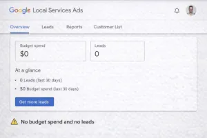 Screenshot of a Google Local Services Ads dashboard showing zero budget spend and no leads.
