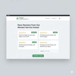 Screenshot of screen displaying positive customer reviews from new service areas
