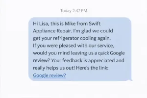 Service technician politely asking a satisfied customer for a Google review after a repair.