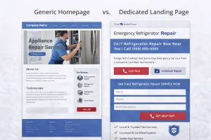 Side-by-side comparison of a generic homepage versus a dedicated landing page