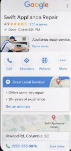 Smartphone displaying a highly optimized Google Business Profile for local appliance repair