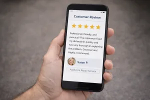 Smartphone screen displaying a 5-star customer review for appliance repair service.