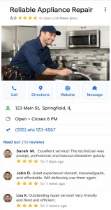 Smartphone screen displaying a fully optimized Google Business Profile with five-star reviews.