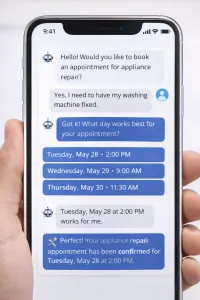 Smartphone screen displaying an automated appointment booking conversation for appliance repair.