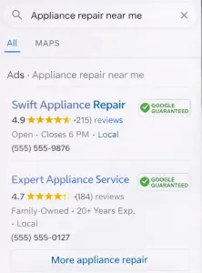 Smartphone screen showing the Google Verified badge next to top-ranking appliance repair ads.