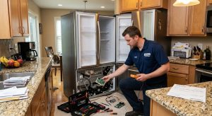 Technician repairing a broken Samsung refrigerator in a customer kitchen.