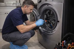 Technician wearing shoe covers and a uniform repairing a front-load washing machine.