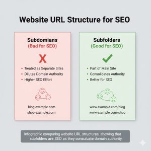 Website URL structure diagram comparing subdomains versus subfolders for SEO
