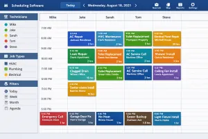 scheduling software showing a full day of booked service calls.
