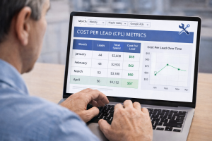Appliance repair business owner reviewing cost per lead metrics on a laptop screen.