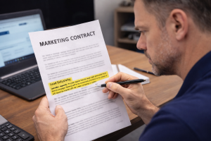 Business owner reviewing a marketing contract specifically for lead exclusivity clauses.