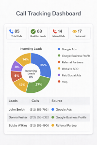 Call tracking dashboard showing source of incoming appliance repair leads