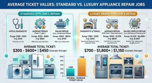 Chart comparing average ticket values for standard appliance repair versus luxury brand repair jobs.