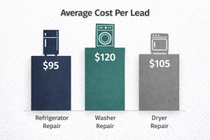 Chart displaying average cost per lead for refrigerator, washer, and dryer repair services.