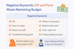 Chart displaying negative keywords like DIY and parts that waste marketing budget for repair companies.