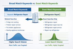Chart showing the difference between broad match and exact match keywords for refrigerator repair.