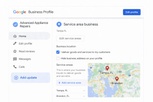 Google Business Profile dashboard showing service area business settings.