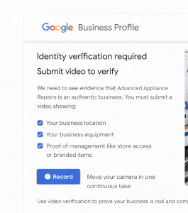 Video verification screen requirement for Google Business Profile identity check.