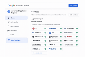 List of specific appliance brands added to the services section.