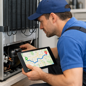 Appliance repair technician checking a refrigerator while holding a tablet with a map route.