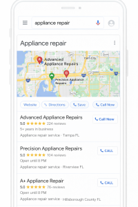 Google Maps local pack search results showing three top-rated repair companies.