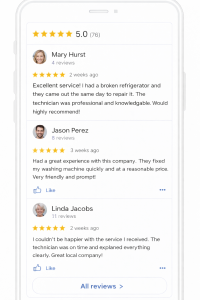 Mobile phone screen displaying five-star customer reviews for a local service business.
