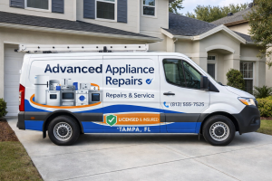 Branded work van parked in a residential driveway representing local service area presence.
