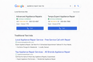 Screenshot of Google search results showing Local Services Ads above traditional text ads for appliance repair.