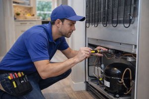 Appliance repair technician working on a refrigerator, representing the service delivery aspect of marketing.
