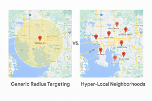 Comparison map showing generic radius targeting versus specific hyper-local neighborhood pins.