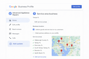 Google Business Profile dashboard view showing correct service area settings for contractors.