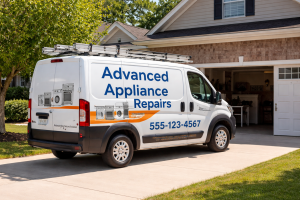 Branded appliance repair van parked in a residential driveway for a service call.