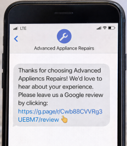 Automated text message requesting a customer review after a completed repair job.