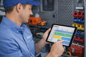 Appliance repair technician checking schedule on a tablet inside a work van