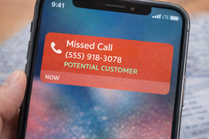 Close up of a smartphone showing a missed call notification from a potential customer