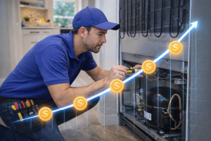 Technician repairing a refrigerator with a digital marketing graph overlay representing lead growth.