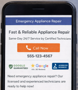 Mobile-friendly landing page example featuring a prominent click-to-call button and trust badges.