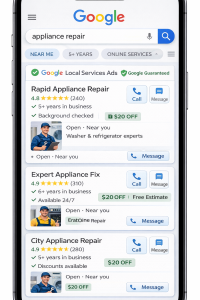 Smartphone screen displaying Google Local Services Ads for appliance repair