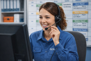Service dispatcher answering a customer call on a headset