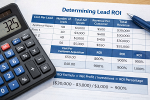 Close up of a calculator and spreadsheet for determining lead ROI